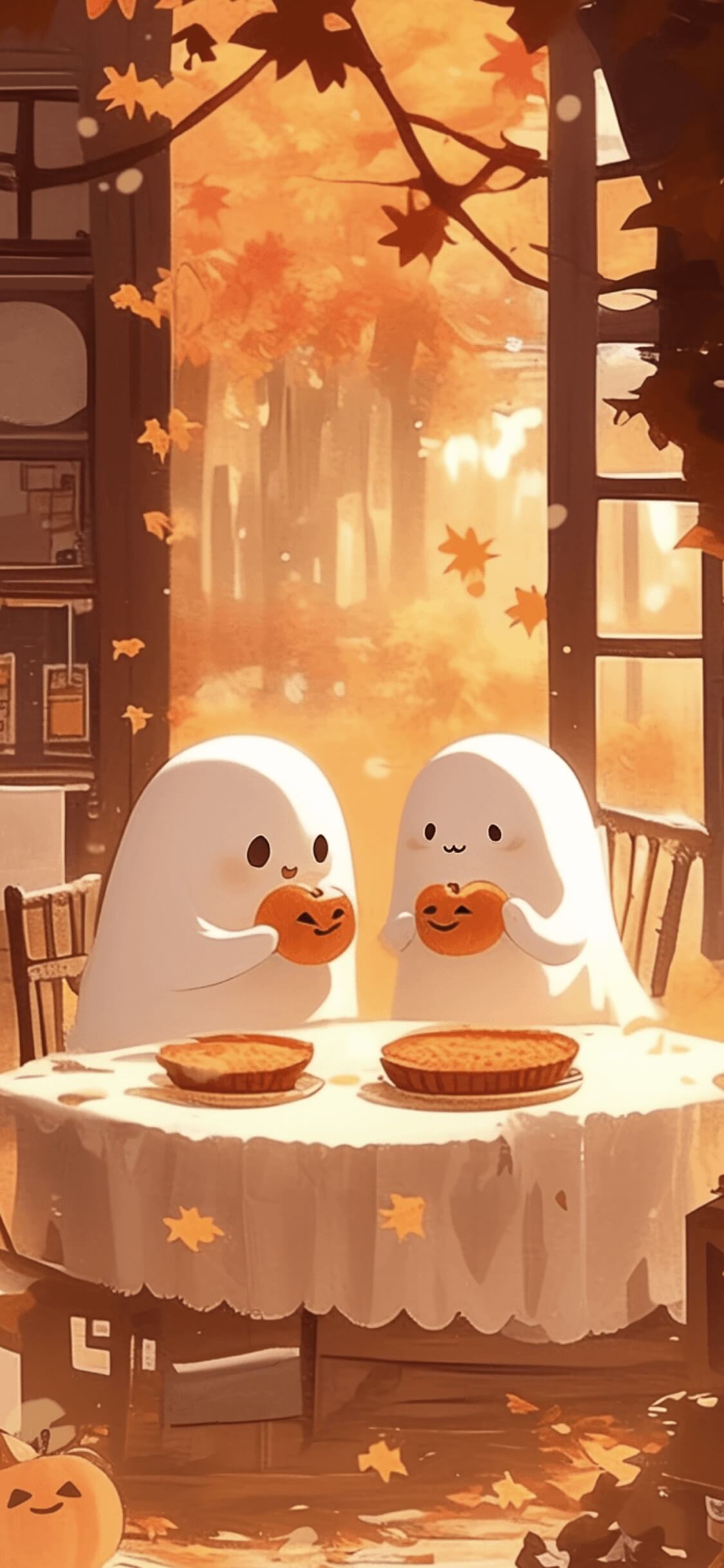 Two cute white cartoon ghosts sitting at a dinner table eating pumpkin pie, with golden autumn maple leaves visible through the window in a warm orange light.