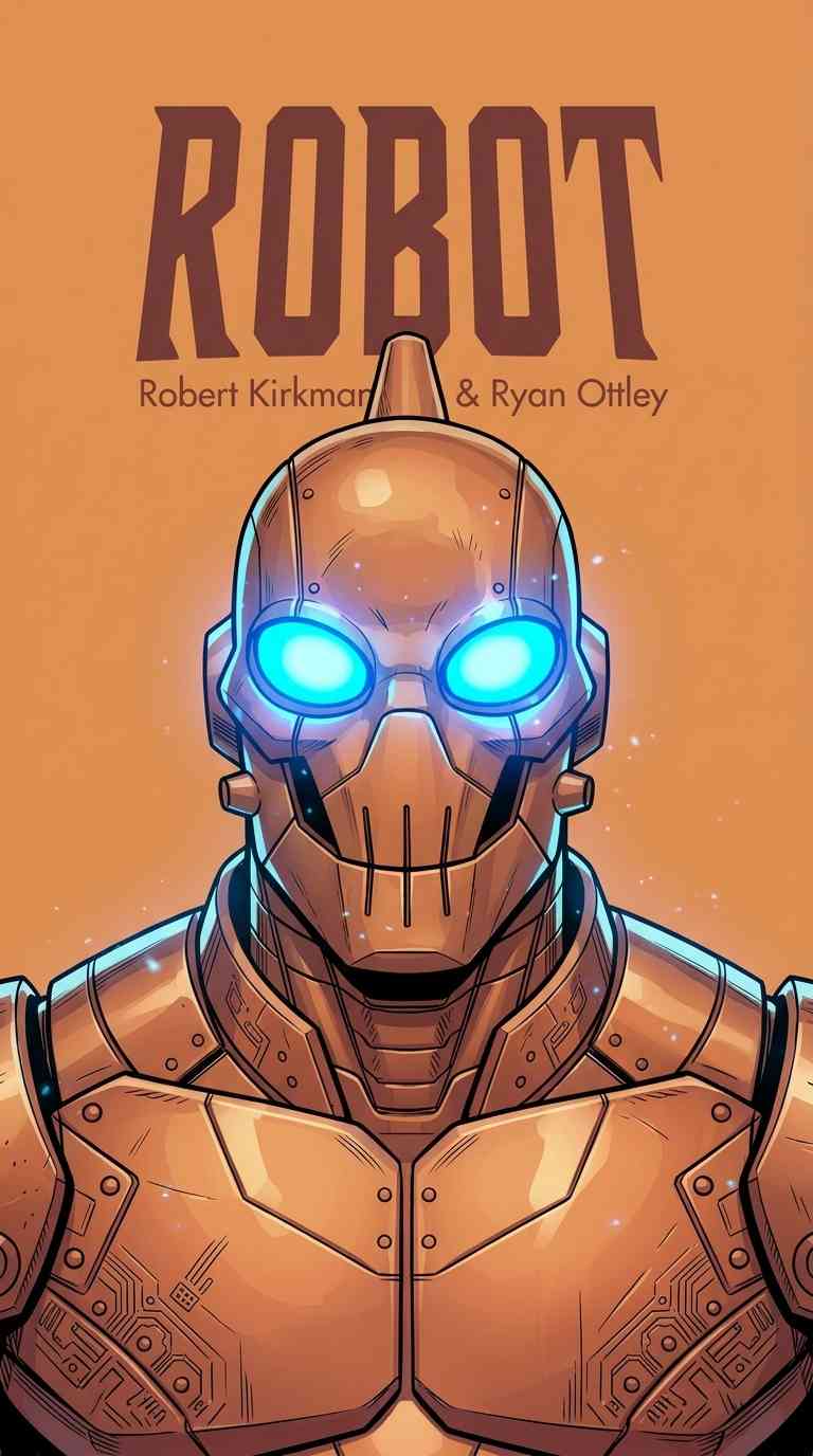 A high-detail comic book illustration of Robot from the Invincible series. The character has bronze metallic armor and glowing cyan eyes against a warm orange background.