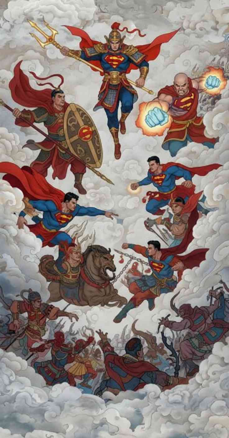 Multiple versions of Superman in ancient Chinese warrior armor flying through white clouds with traditional weapons.
