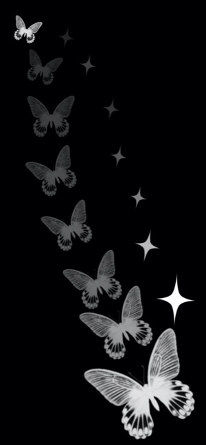 A diagonal trail of translucent white butterflies and four-pointed stars flying against a solid black background.