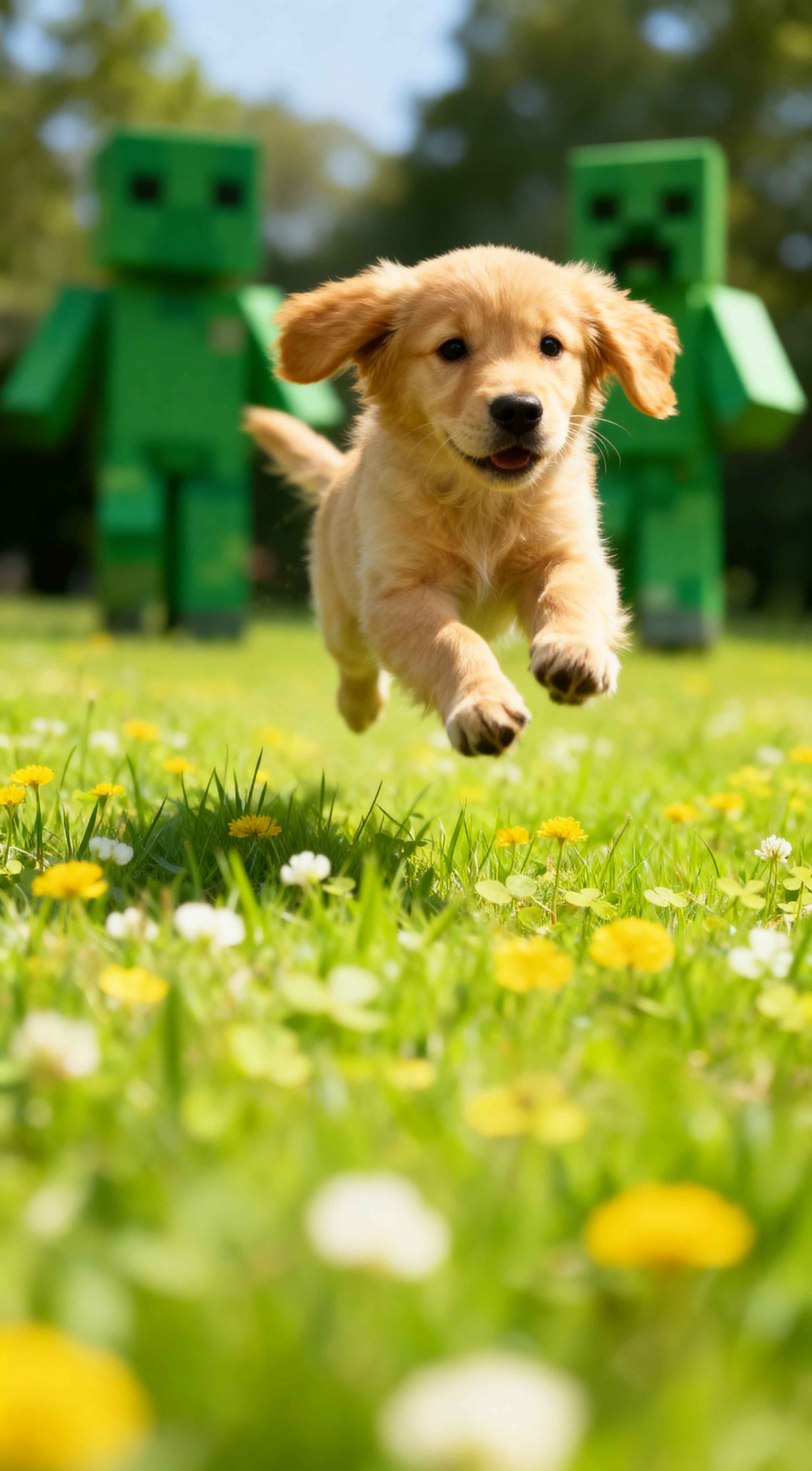 A golden retriever puppy jumping in a flower field with two green Minecraft creepers in the blurred background.