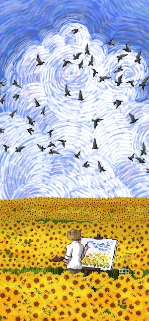 An impressionist painting showing an artist from behind, painting a sunflower field on a canvas. The sky features swirling white clouds and black birds.