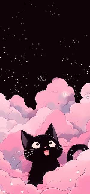 A cute black cat with big eyes looking up happily, surrounded by fluffy pink clouds under a dark starry night sky.