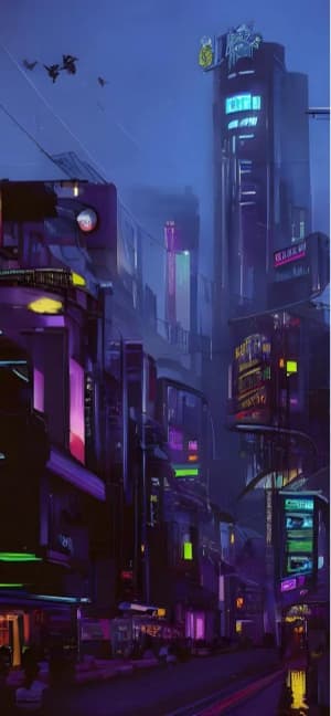 A vertical view of a futuristic cyberpunk city street at night with glowing purple and green neon signs on skyscrapers under a dark blue sky.