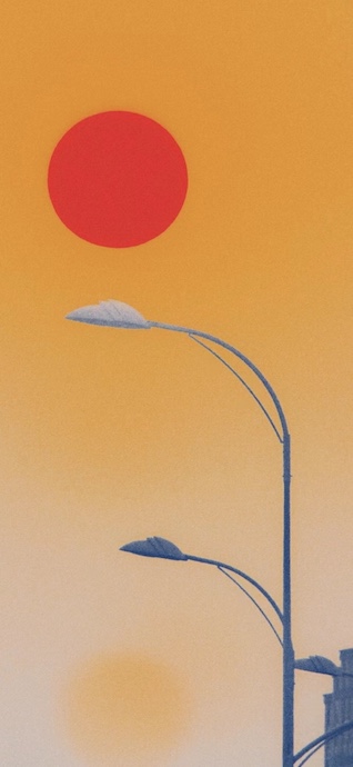 붉은 태양 아래 가로등이 있는 미니멀한 레트로 스타일 일러스트, 노란색 질감 배경.