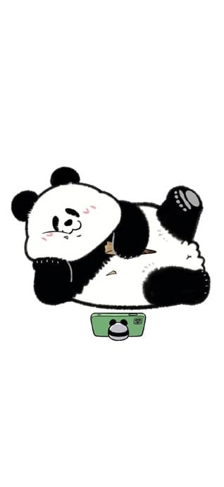 A cute, chubby hand-drawn panda lying on its side and looking at a green smartphone with a panda-shaped grip on a white background.
