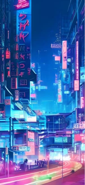 A vertical digital art illustration of a cyberpunk city street at night with glowing blue and pink neon signs and motion-blurred lights on the road.