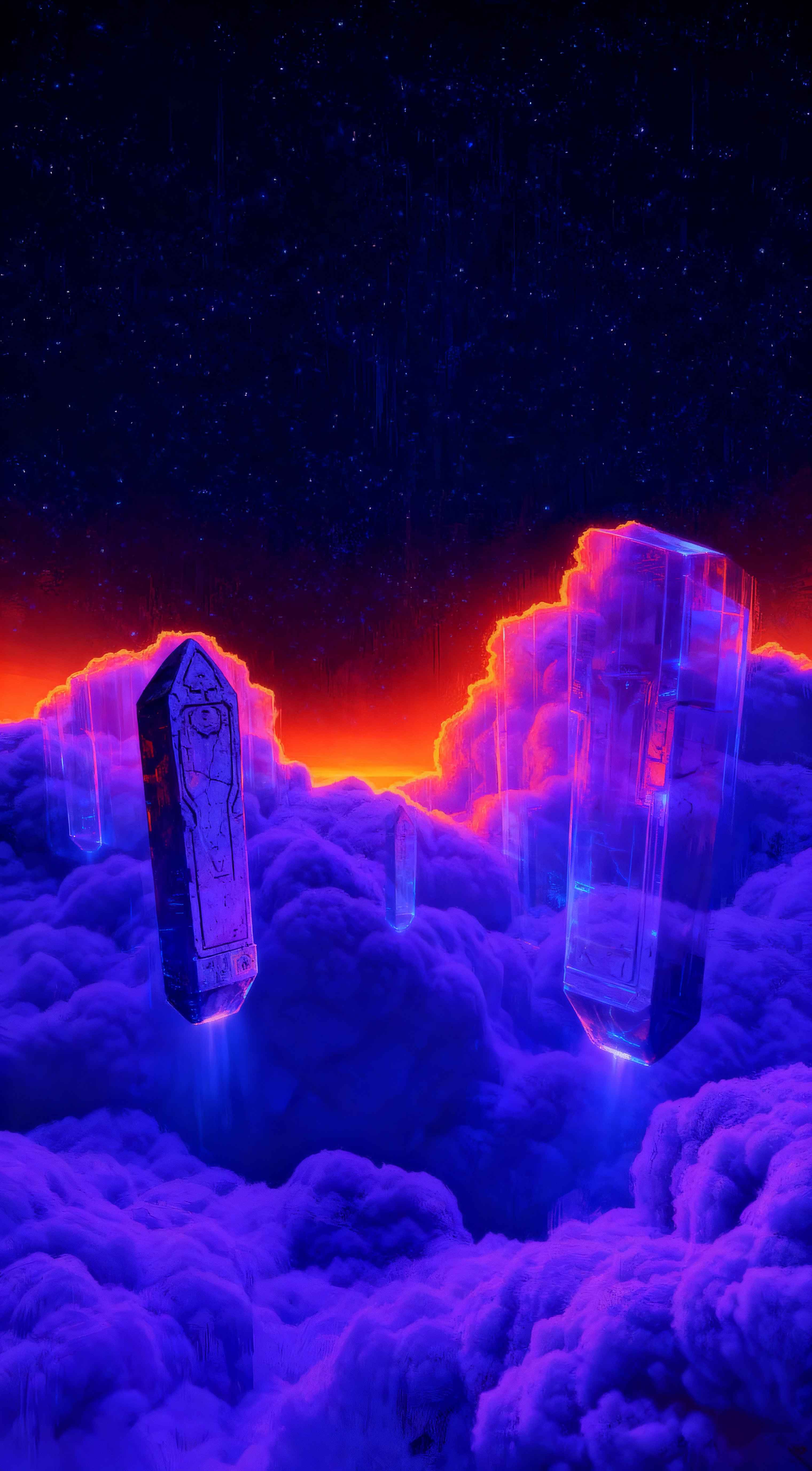 Floating crystal monoliths over purple clouds with a neon orange horizon and starry night sky in synthwave style.