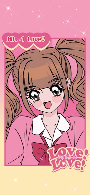 ピンクの背景にツインテールのレトロなアニメの女の子、Loveの文字とキラキラ。