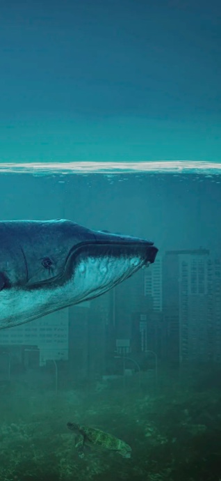Ein majestätischer Wal schwimmt an untergetauchten Hochhäusern vorbei, im Vordergrund ist eine Meeresschildkröte zu sehen.