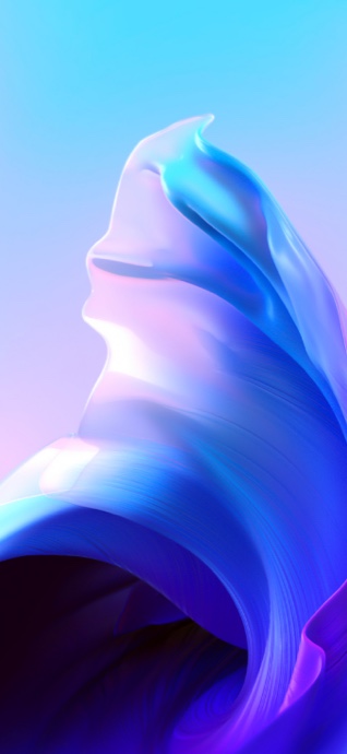A smooth, 3D fluid wave structure with a gradient of bright blue, cyan, and subtle purple highlights against a soft pastel background.