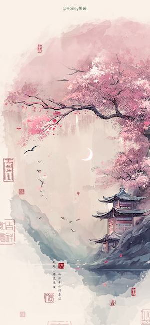 Ink wash painting of a pink cherry blossom tree, a traditional pagoda, and a crescent moon in a misty mountain landscape.
