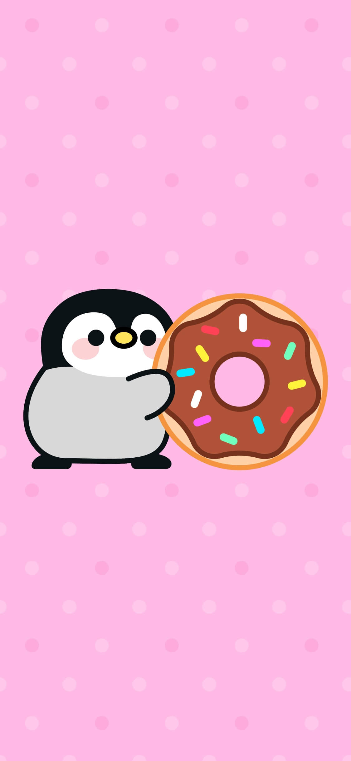 A cute cartoon penguin holding a large chocolate donut with colorful sprinkles on a pink polka dot background, animated live wallpaper style.