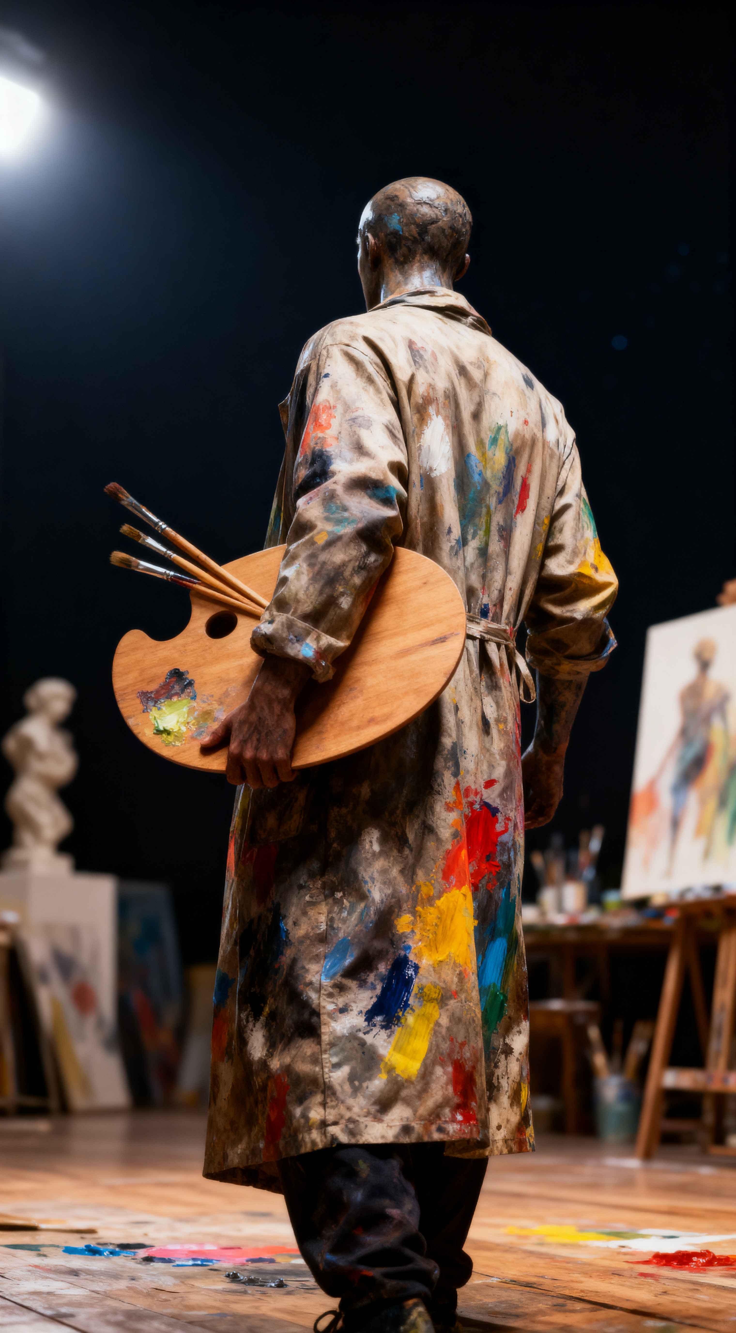Back view of an artist in a paint-splattered smock holding a palette and brushes in a dark art studio setting.