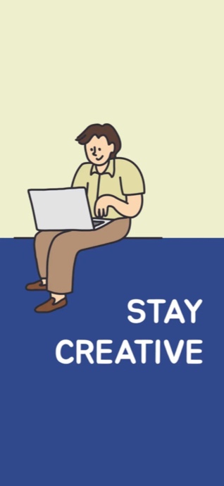 Minimalistische Illustration einer Person am Laptop, Farben Blau und Creme, mit dem Text 'Stay Creative'.