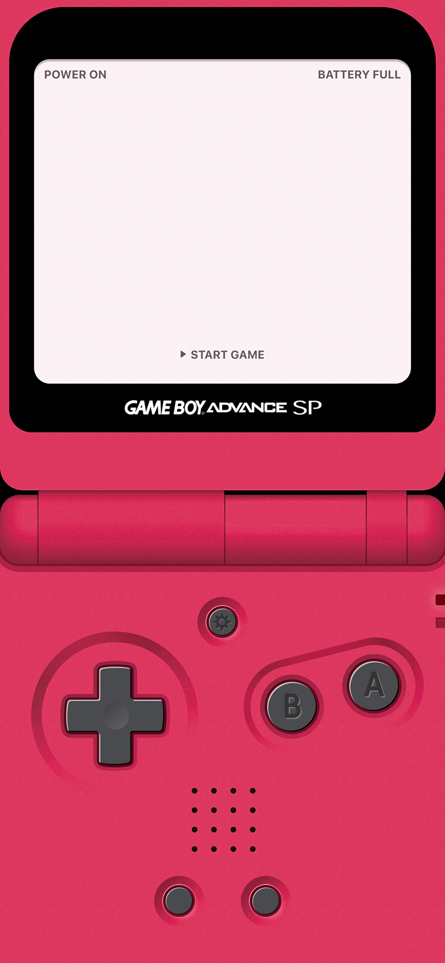 Eine minimalistische Illustration eines pinken Game Boy Advance SP in der vertikalen Ansicht, bereit zum Spielen, in 4K Auflösung.