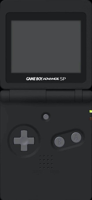 A high-angle close-up of a matte black Game Boy Advance SP handheld console showing the D-pad, A and B buttons, and the screen, set against a dark background.