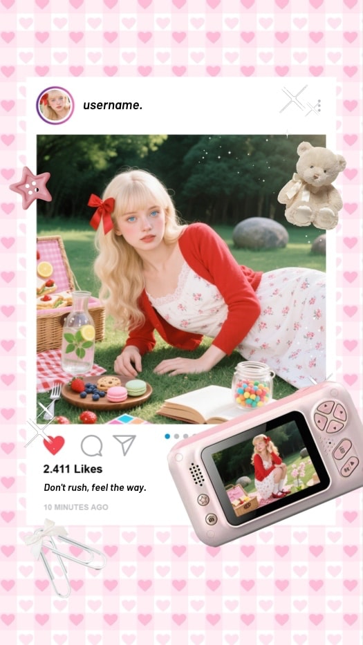 Pink coquette collage template with heart background, picnic scene, and a pink digital camera frame for photos.