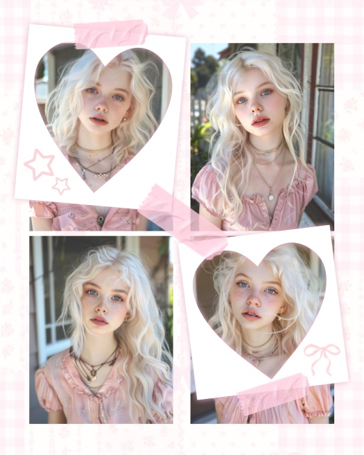 Modèle de montage photo avec fond vichy rose, deux fenêtres en forme de cœur et deux rectangulaires, décoré de rubans et ruban adhésif.