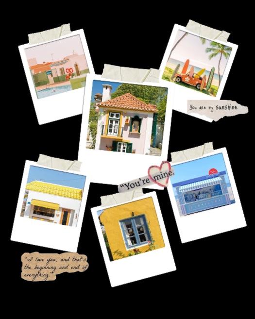 Six Polaroid photo frames with masking tape and heart stickers on a black background for a summer scrapbook collage.