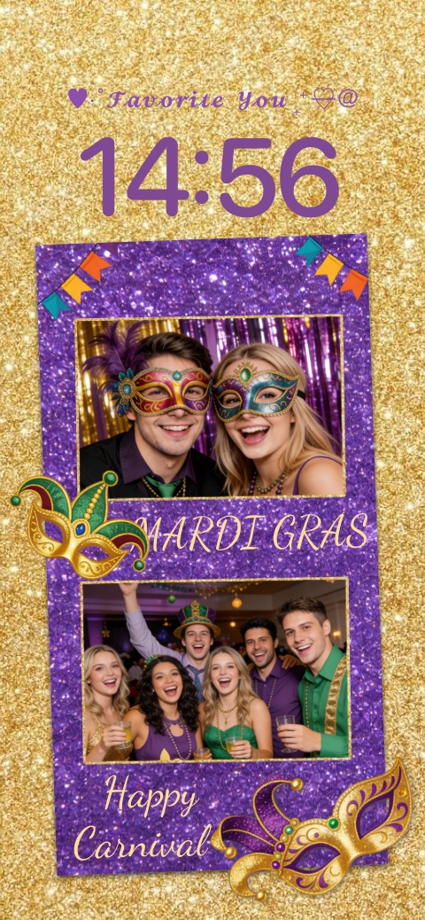 Mardi Gras themed phone wallpaper template with purple glitter photo frames, gold masks, and festive carnival text.