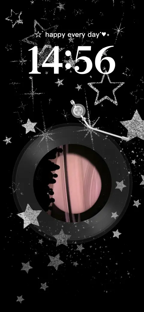 Ein schwarzer Hintergrund mit glitzernden Sternen und einem Plattenspieler mit anpassbarem Fotofeld als Live Wallpaper Vorlage.