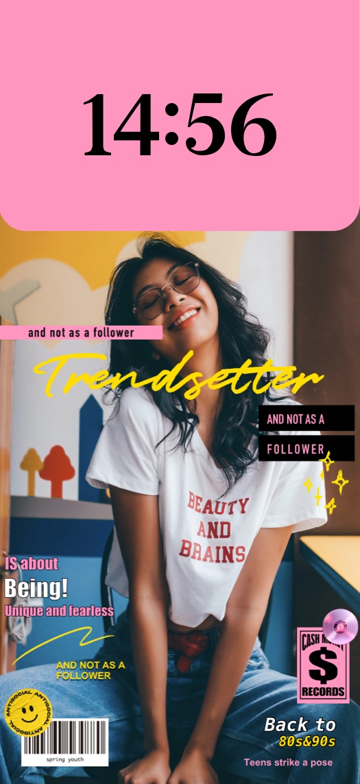 A retro 90s magazine cover style wallpaper template featuring a smiling woman, yellow typography, and a pink widget area for a customizable static background.