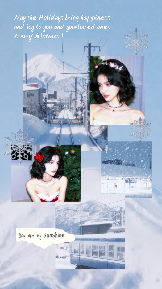 Plantilla de collage con temática de invierno, fondo azul, copos de nieve y texto 'Merry Christmas'. Incluye fotos de paisajes nevados y retratos en un diseño de estilo scrapbook.