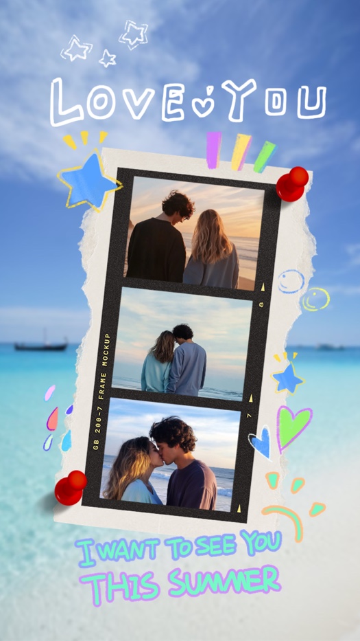 Collage en pellicule photo verticale sur fond de plage avec trois photos de couple, bords en papier déchiré et stickers colorés faits main.