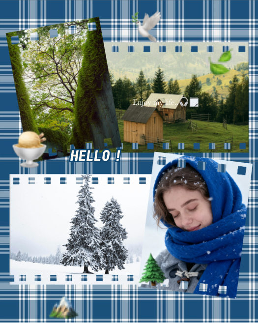 Eine Fotocollage-Vorlage mit blauem Karomuster-Hintergrund, vier Fotoslots mit Filmstreifen-Rand, Naturmotiven und dekorativen Stickern wie einer Friedenstaube und einem Weihnachtsbaum.