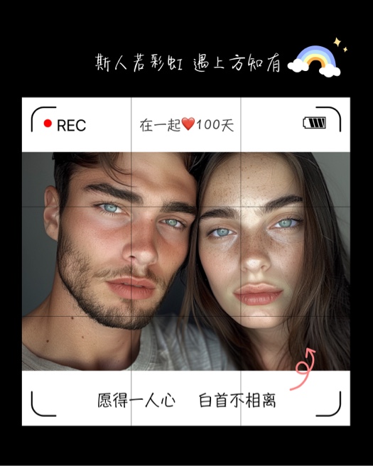 Anniversary collage template featuring a couple inside a digital camera viewfinder with a REC icon and rainbow sticker.