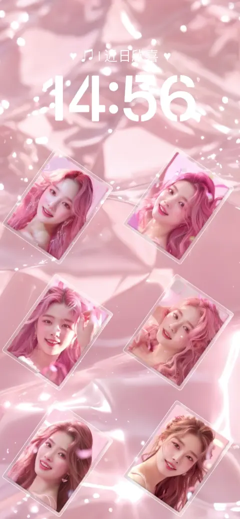 Customizable pink live wallpaper template with six diamond photo frames and a glossy silk background.