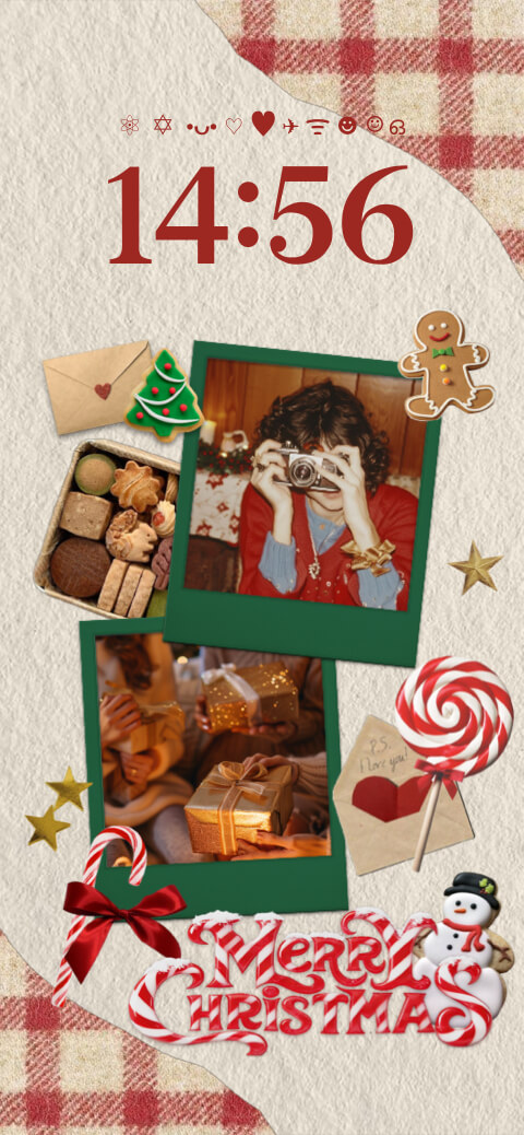 Aesthetic Christmas scrapbook wallpaper template with Polaroid photo frames, gingerbread stickers, and red plaid accents.