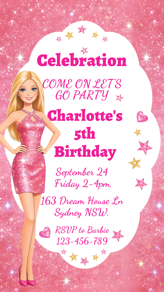 Pink glitter Barbie birthday invitation with blonde doll in sparkly dress, gold stars, and scalloped white frame.