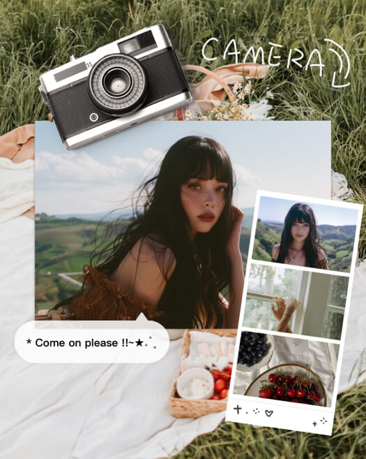Fotocollage im Picknick-Stil mit Vintage-Kamera, Gras-Hintergrund und einem Filmstreifen mit drei Fotos neben einem Hauptporträt.