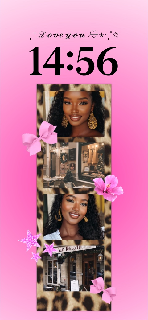 A customizable phone lock screen template featuring a pink gradient background with a vertical leopard print collage area. It includes slots for four photos, pink bows, flowers, glittery stars, and editable text.