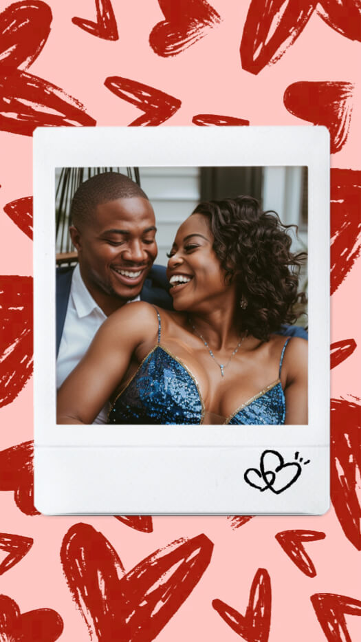 Ein Polaroid-Fotorahmen mit einem lachenden Paar auf einem rosa Hintergrund mit handgezeichneten roten Herzen und einem Herz-Doodle.