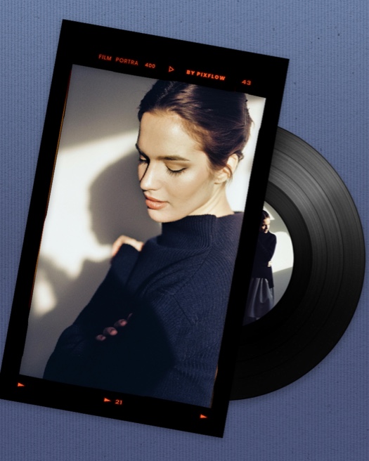 A cinematic photo collage template featuring a black film frame with 'Film Portra 400' text over a portrait, with a vinyl record appearing from behind.