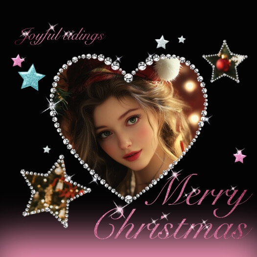 Eine Weihnachts-Fotocollage mit einem diamantbesetzten Herz-Rahmen, glitzernden Sternen und dem Text Merry Christmas in Pink.