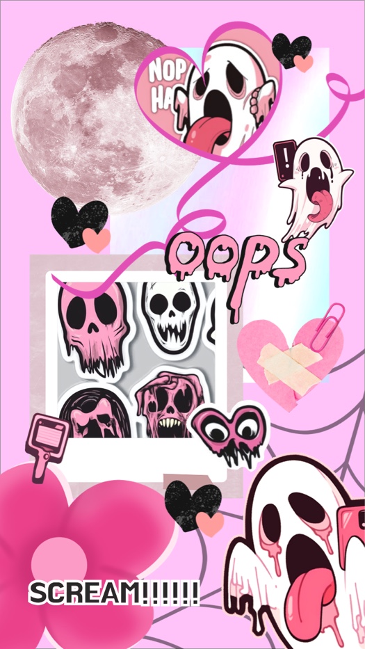 A pastel goth collage template with a pink background, featuring a full moon, melting ghosts stickers with tongues out, skulls in a polaroid frame, and pink hearts with tape.