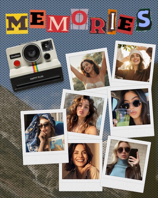 Plantilla de collage con seis marcos de fotos Polaroid, una cámara retro y la palabra MEMORIES en letras de papel recortadas sobre fondo de puntos.