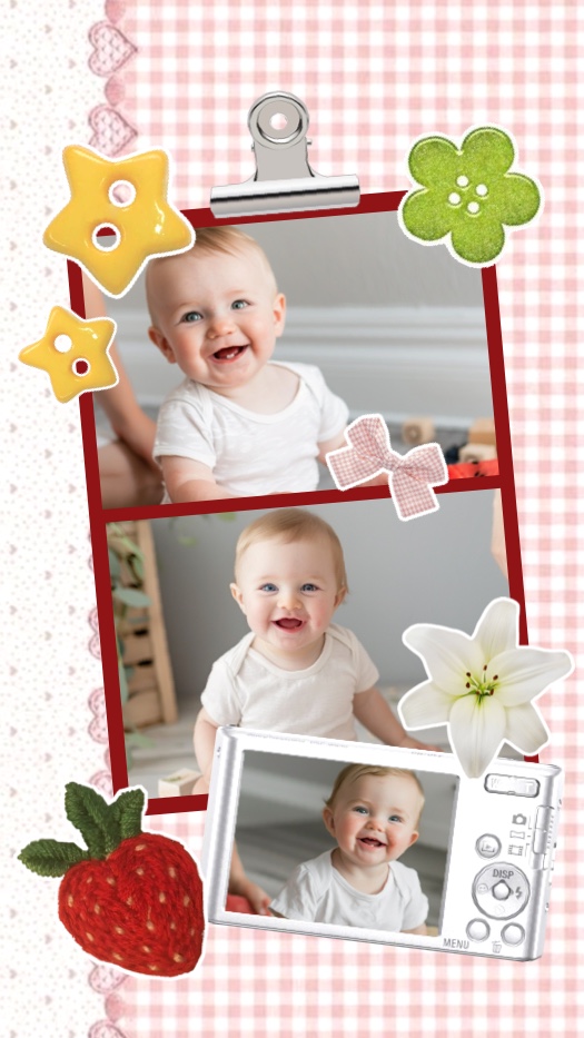 A pink gingham scrapbook photo collage featuring three baby photos, a digital camera frame, a metal clip, and cute stickers like a strawberry, stars, and flowers.