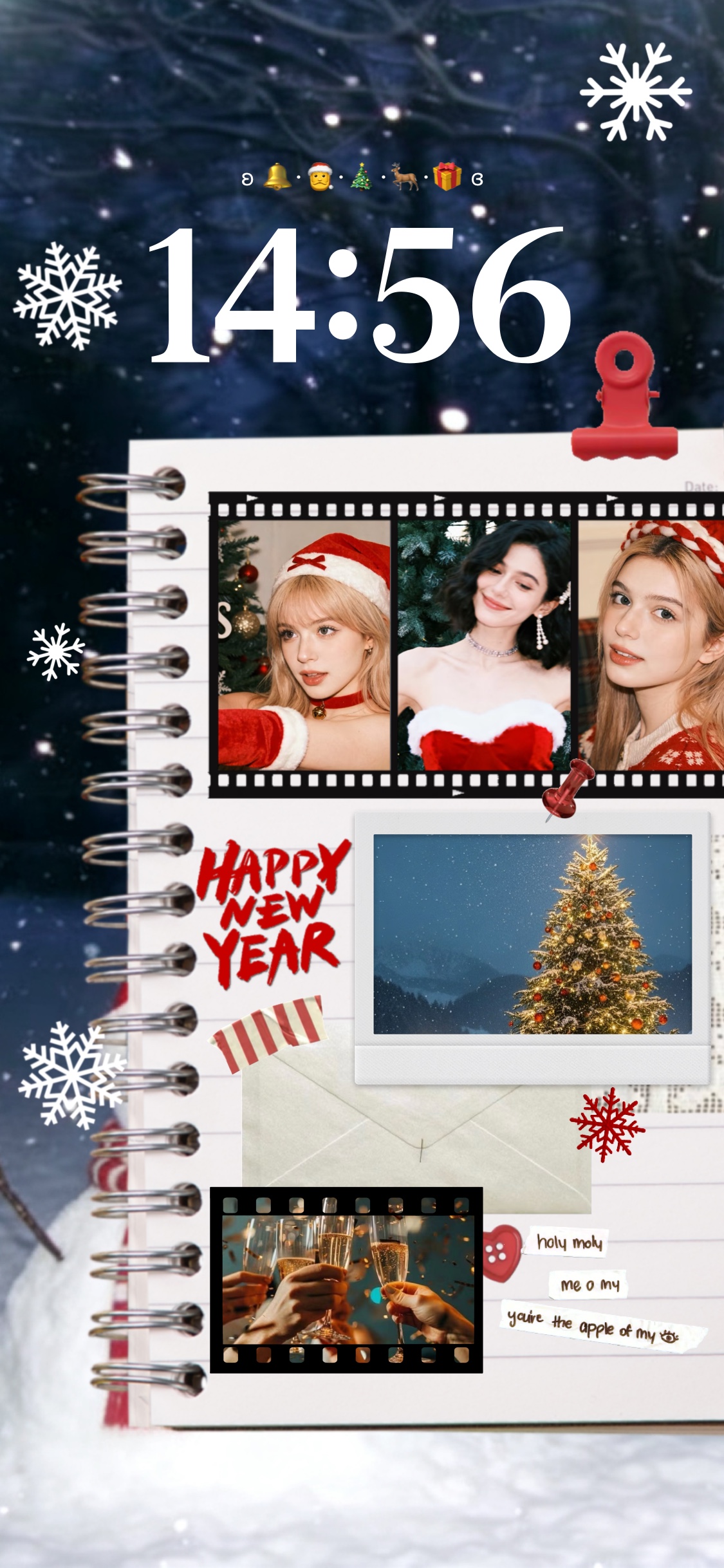A winter-themed DIY wallpaper template with a spiral notebook background, film strip photo placeholders, a polaroid frame, and snowflakes.