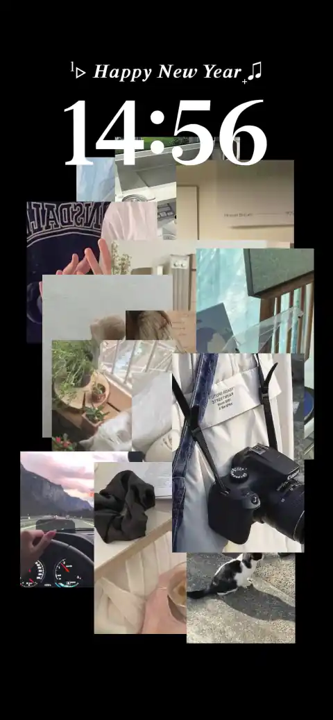 A black background with an aesthetic photo collage of lifestyle images like a camera, cat, and plants, featuring a 'Happy New Year' text overlay for a customizable template.