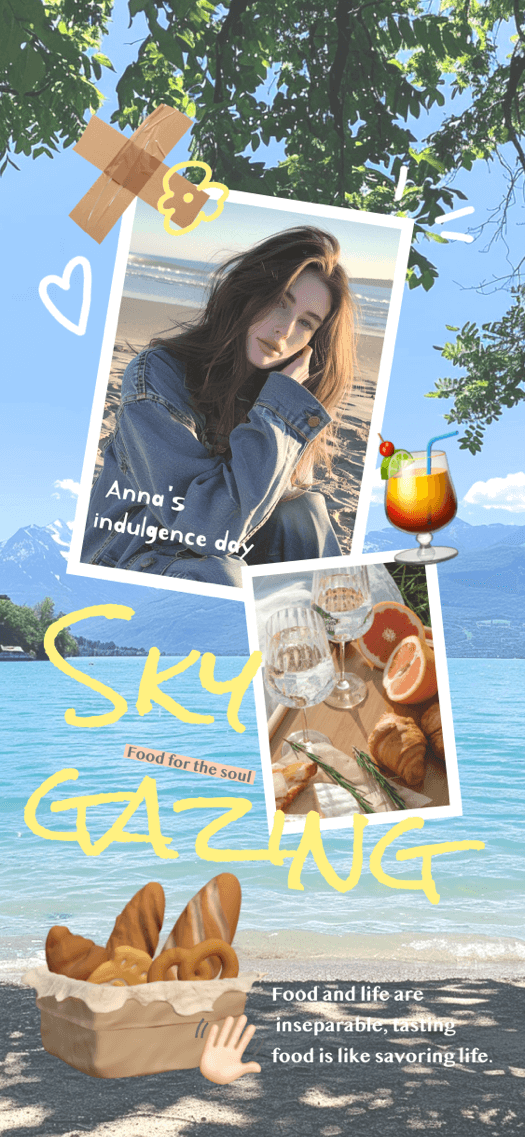 DIY-Hintergrundvorlage im Scrapbook-Stil mit anpassbaren Fotorahmen, Sommer-Stickern und bearbeitbarem Text auf einem Strandhintergrund.