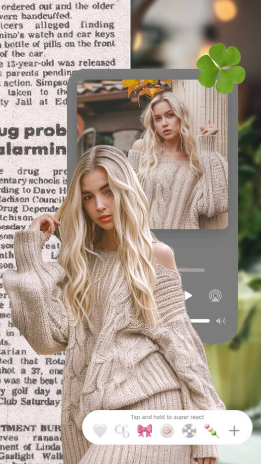 Vintage scrapbook photo collage featuring newspaper background, music player element, and green four-leaf clover.