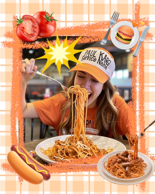 Foodie scrapbook collage with a woman eating spaghetti, orange checkered background, and fun food stickers.
