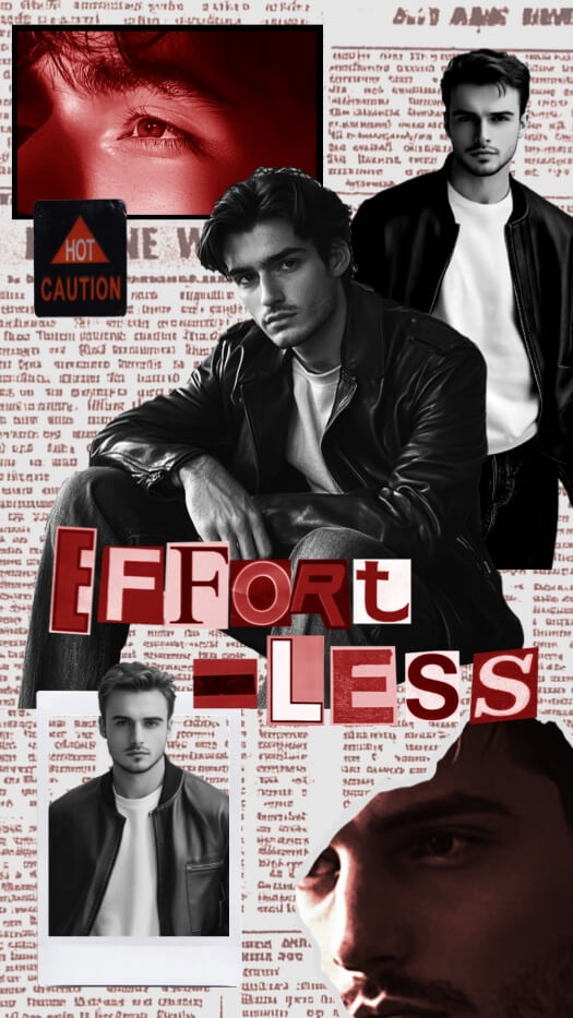 Urban grunge collage with newspaper background, ripped paper typography saying Effortless, and photos of men in leather jackets.