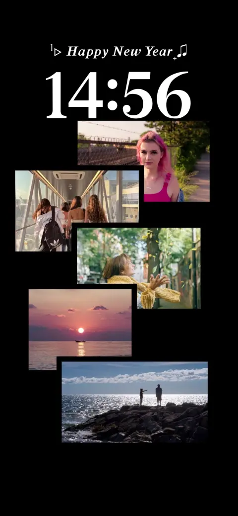 Modèle de fond d'écran animé personnalisable avec collage de photos et texte Happy New Year.