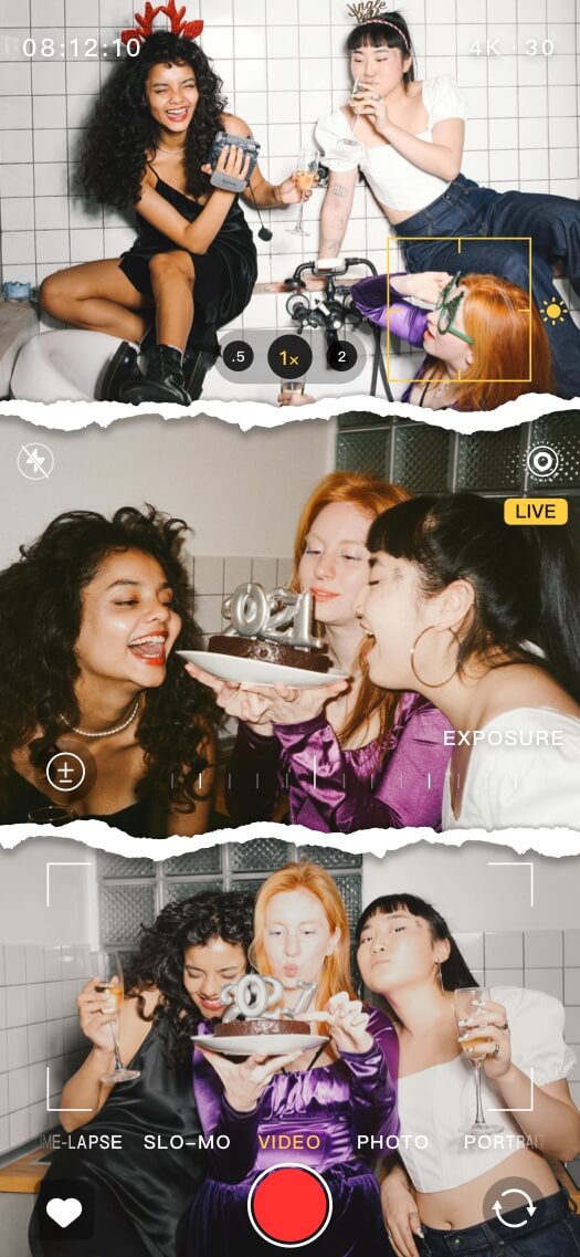 Modèle de fond d'écran statique personnalisable avec trois cadres photo en papier déchiré et une interface de caméra, montrant des amis en fête.